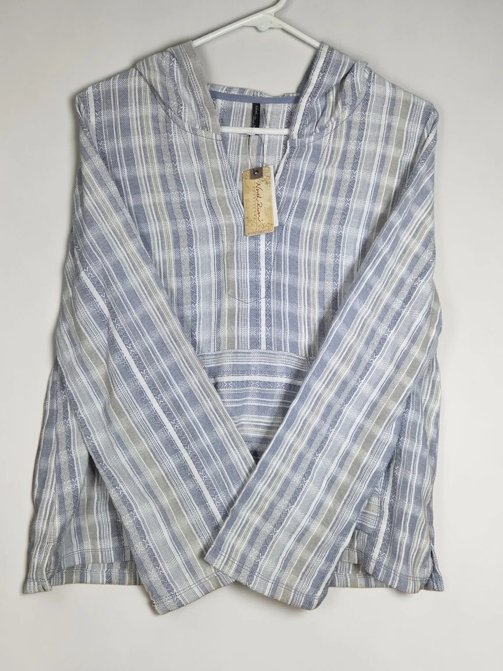 North River Striped Baja Hoodie Beach Poncho Pullover Blue Gray White Size Med. - Picture 3 of 10